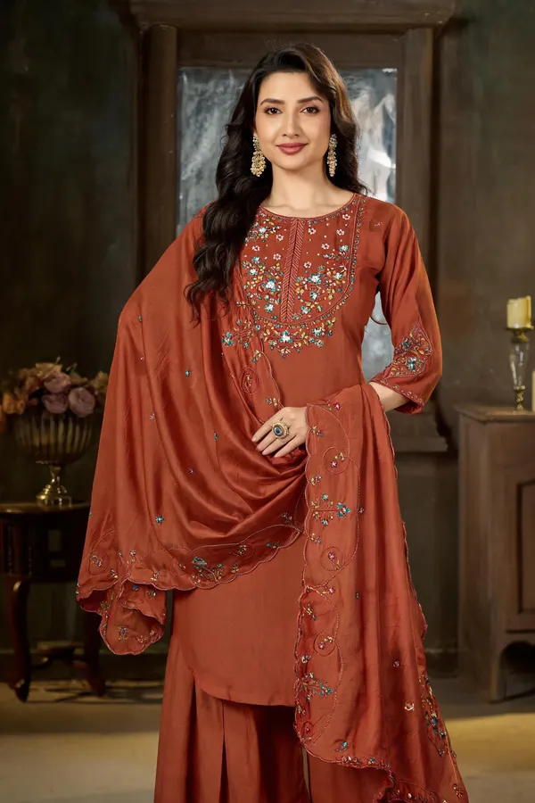 Rust_Marina_Silk_Embroidered_Kurti_With_Palazzo_And_Dupatta_For_Women