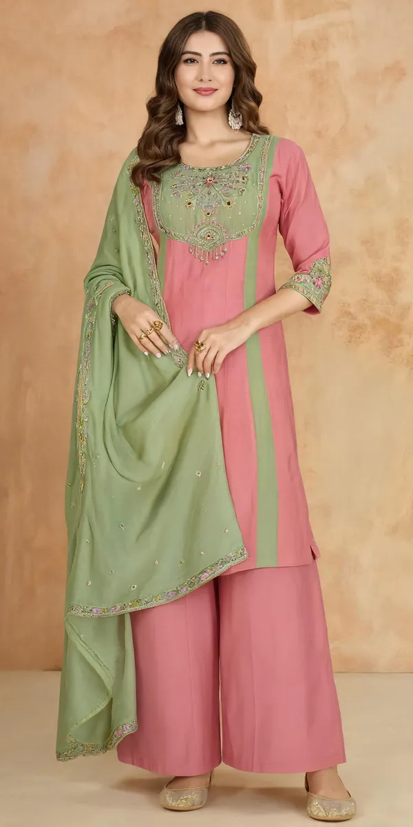 Baby_Pink_Mal_Chanderi_Embroidered_Kurti_Palazzo_With_Dupatta_For_Women