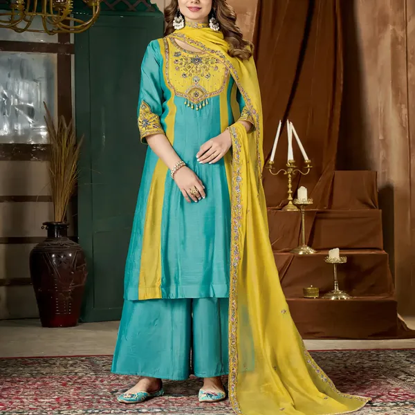 Sky_Blue_Mal_Chanderi_Embroidered_Kurti_With_Palazzo_And_Dupatta_For_Women