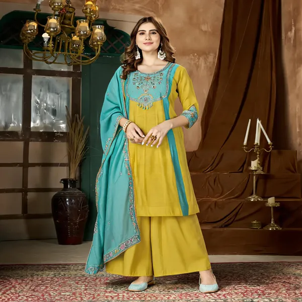 Yellow_Mal_Chanderi_Embroidered_Kurti_Palazzo_With_Dupatta_For_Women