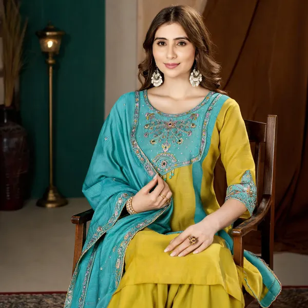 Yellow_Mal_Chanderi_Embroidered_Kurti_Palazzo_With_Dupatta_For_Women