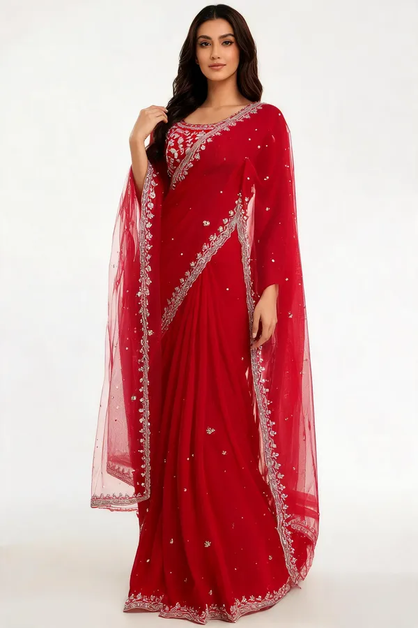 Red_Faux_Georgette_Thread_Sequin_&_Pearl_Work_Saree_With_Net_Dupatta_For_Women