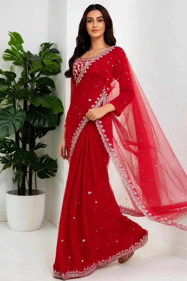 Red_Faux_Georgette_Thread_Sequin_&_Pearl_Work_Saree_With_Net_Dupatta_For_Women
