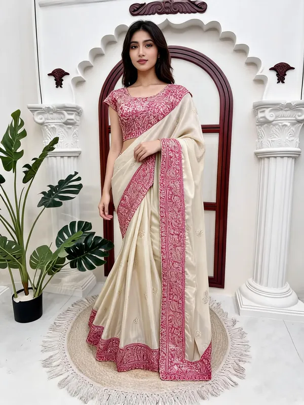 Cream_Silk_Embellished_Saree_For_Women