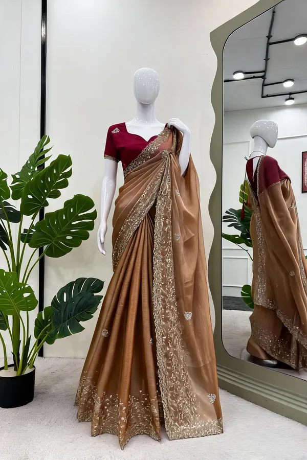 Brown_Jimmy_Choo_Thread_&_Sequin_Work_Saree_With_Bangalori_Silk_Blouse_For_Women