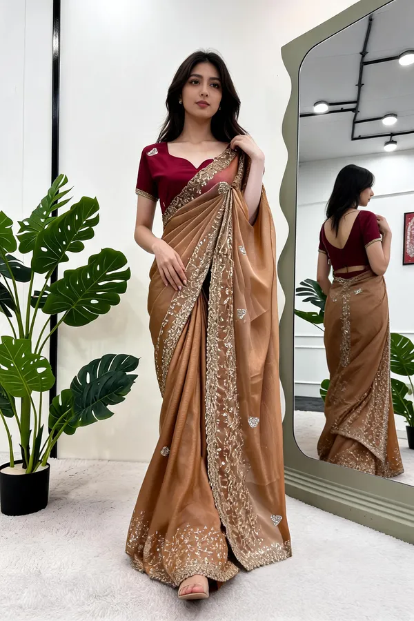 Brown_Jimmy_Choo_Thread_&_Sequin_Work_Saree_With_Bangalori_Silk_Blouse_For_Women