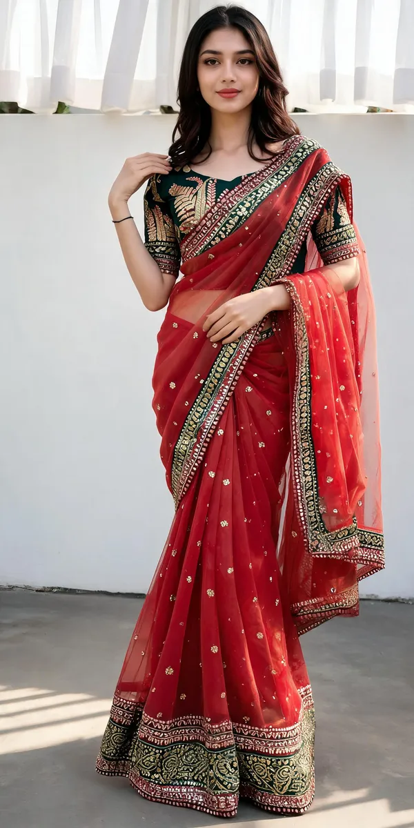 Red_Jimmy_Choo_Thread_&_Sequin_Work_Saree_With_Bangalori_Silk_Blouse_For_Women