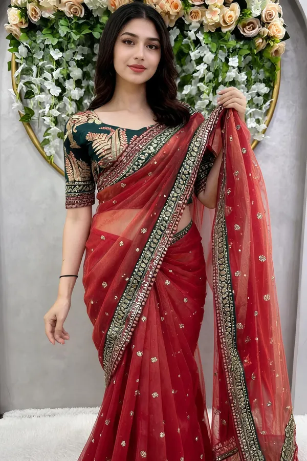 Red_Jimmy_Choo_Thread_&_Sequin_Work_Saree_With_Bangalori_Silk_Blouse_For_Women