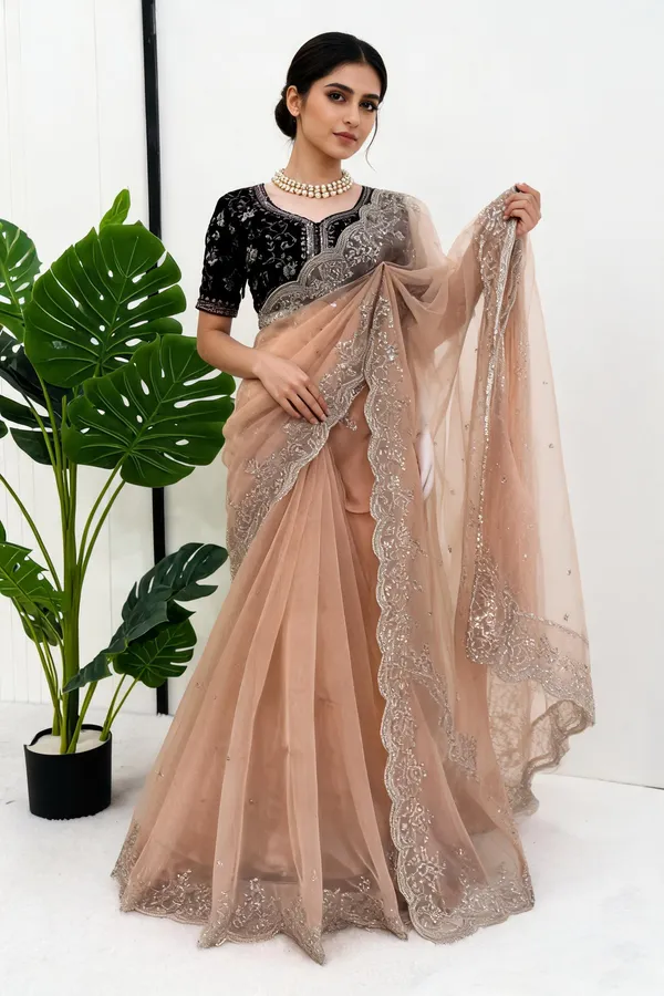 Orange_Organza_Silk_Thread_&_Sequin_Saree_With_Velvet_Blouse_For_Women