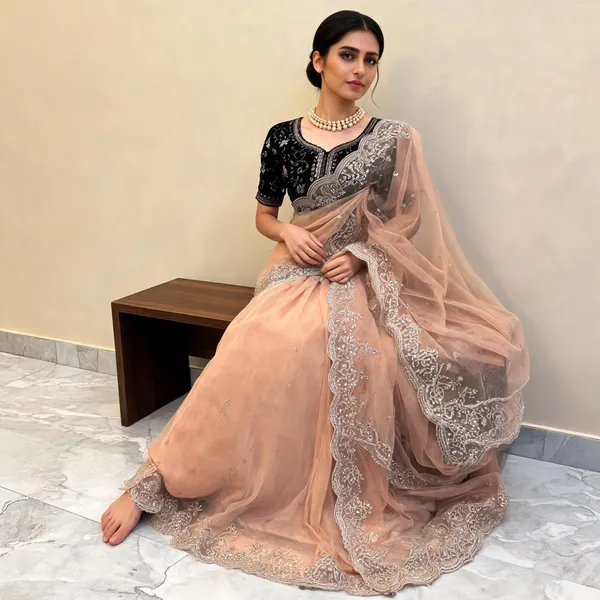 Orange_Organza_Silk_Thread_&_Sequin_Saree_With_Velvet_Blouse_For_Women
