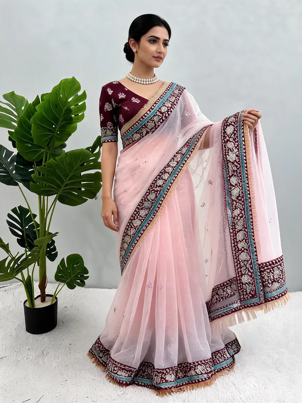 Pink_Organza_Silk_Thread_&_Sequin_Saree_With_Bangalori_Silk_Blouse_For_Women