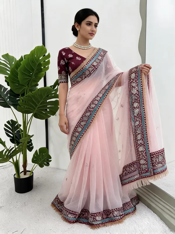 Pink_Organza_Silk_Thread_&_Sequin_Saree_With_Bangalori_Silk_Blouse_For_Women