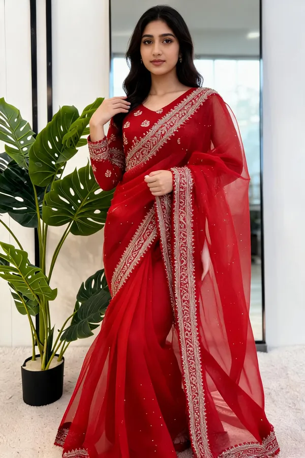 Red_Organza_Silk_Thread_Sequin_Diamond_Work_Saree_For_Women