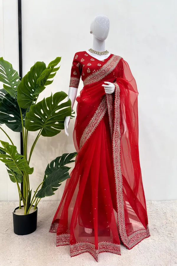 Red_Organza_Silk_Thread_Sequin_Diamond_Work_Saree_For_Women