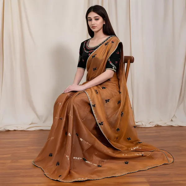Brown_Fancy_Silk_Thread_Sequin_Work_Saree_For_Women