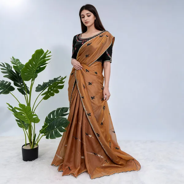 Brown_Fancy_Silk_Thread_Sequin_Work_Saree_For_Women