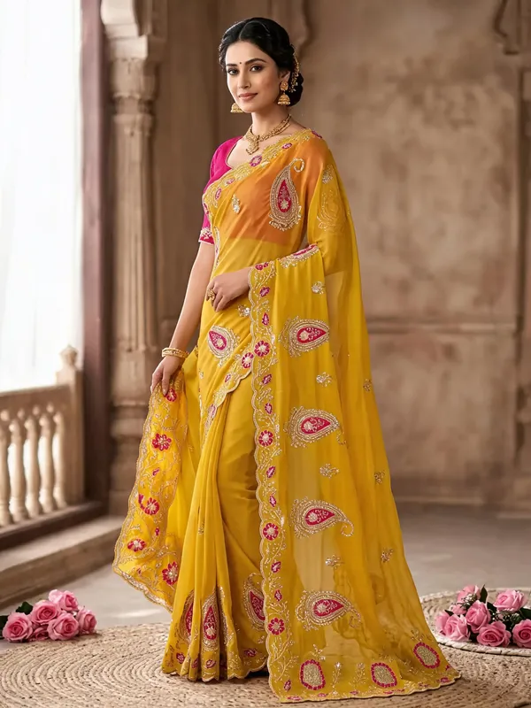 Yellow_Pure_Star_Georgette_Sequin_Embroidery_Saree_With_Cut_Work_Border_For_Women