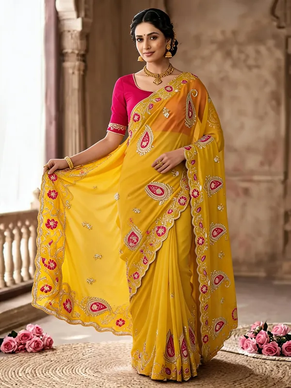 Yellow_Pure_Star_Georgette_Sequin_Embroidery_Saree_With_Cut_Work_Border_For_Women