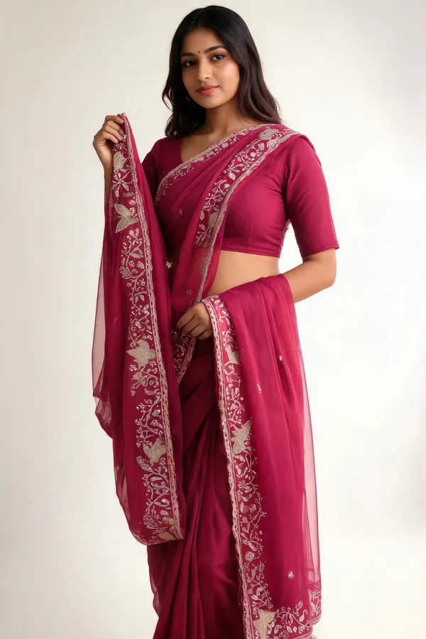 Pink_Pure_Star_Georgette_Sequin_Embroidery_Saree_With_Cut_Work_Border_For_Women