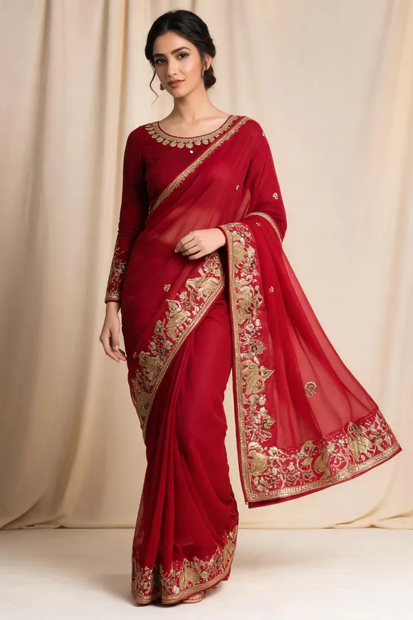 Red_Pure_Star_Georgette_Sequin_Embroidery_Piping_Saree_For_Women