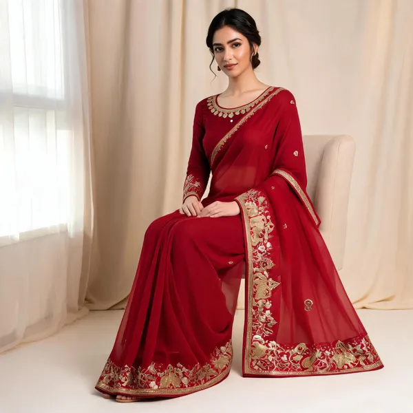 Red_Pure_Star_Georgette_Sequin_Embroidery_Piping_Saree_For_Women