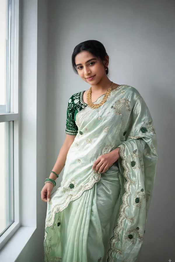Parrot_Pure_Fancy_Satin_Sequin_Embroidery_Saree_With_Cut_Work_Border_For_Women