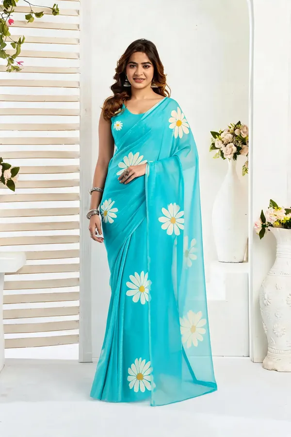 Sky_Blue_Cotton_Pre-Pleated_Ready_To_Wear_Saree_For_Women
