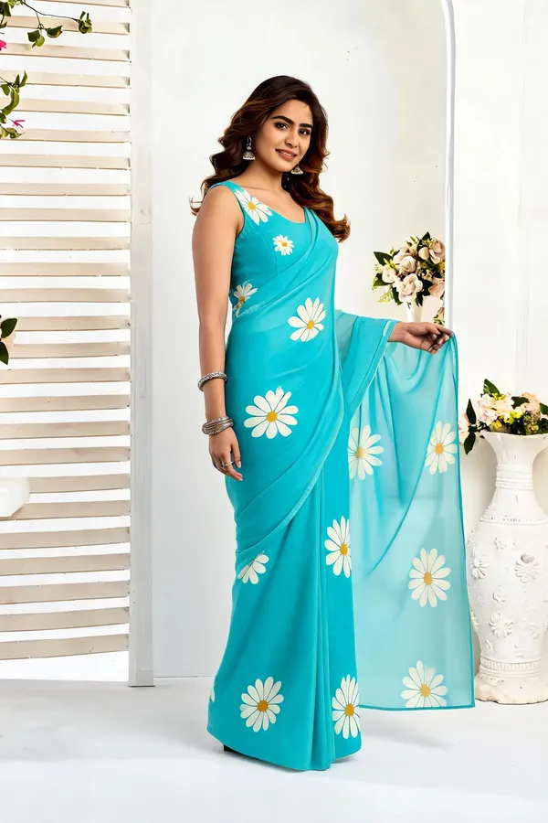 Sky_Blue_Cotton_Pre-Pleated_Ready_To_Wear_Saree_For_Women