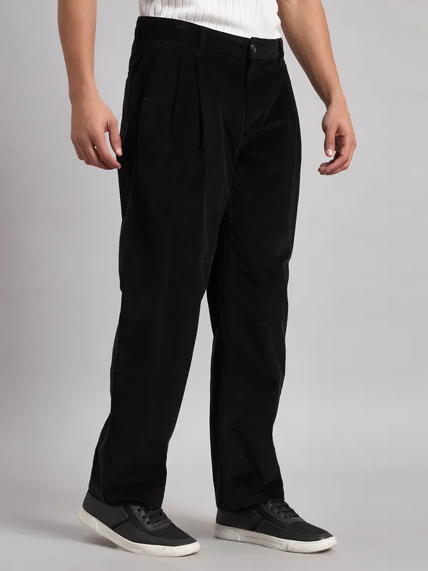 Sand_Dunes_Men’S_Black_Corduroy_Pleated_Straight_Fit_Trousers