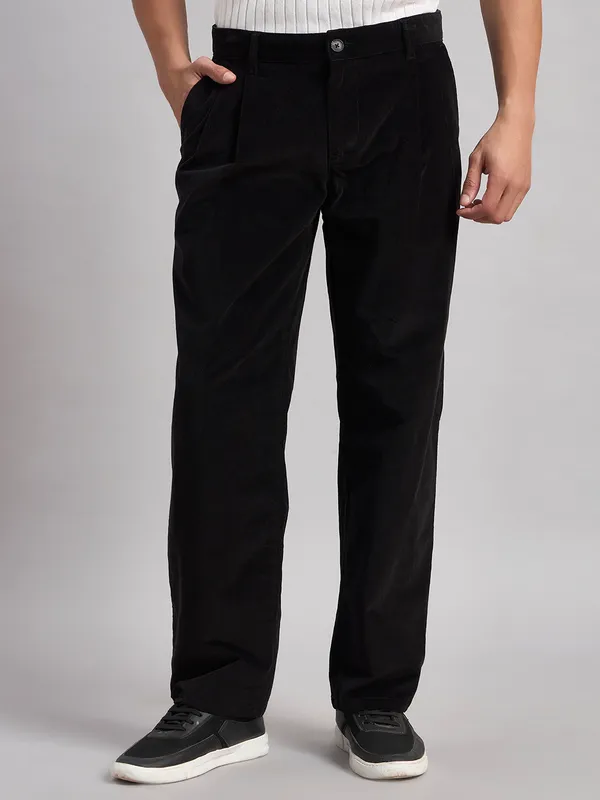 Sand_Dunes_Men’S_Black_Corduroy_Pleated_Straight_Fit_Trousers