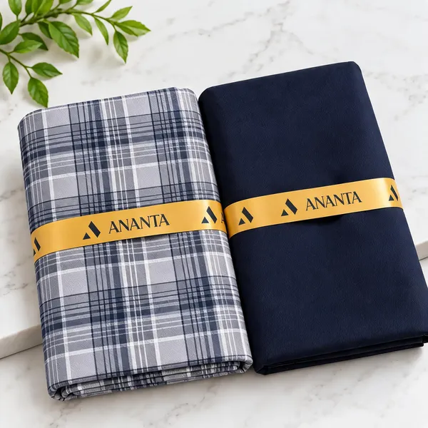 Linen_Grey_Checked_&_Navy_Solid_Unstitched_Fabric_Set