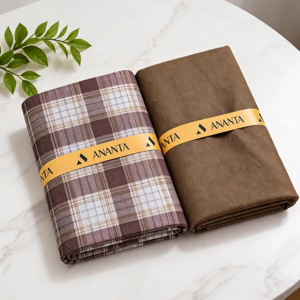 Linen_Brown_Checkered_&_Solid_Unstitched_Fabric_Set