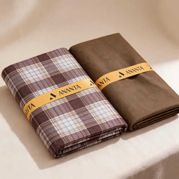Linen_Brown_Checkered_&_Solid_Unstitched_Fabric_Set