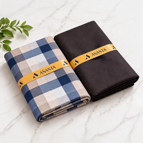 Linen_Blue_Beige_Checkered_&_Black_Solid_Unstitched_Fabric_Set