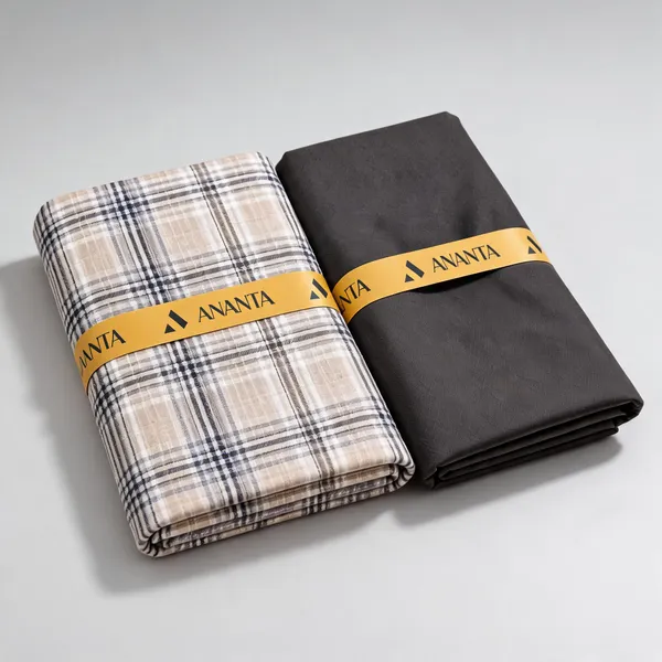 Linen_Beige_Checked_&_Charcoal_Solid_Unstitched_Fabric_Set