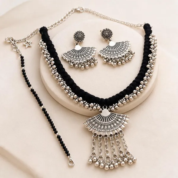 Black_Beaded_Oxidised_Necklace_And_Earrings_Set