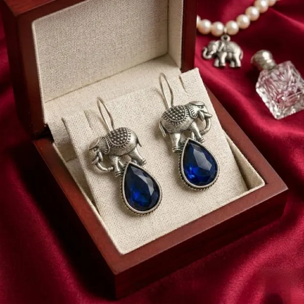 Vintage_Elephant_Drop_Earrings_Antique_Oxidised_Silver_Tone_With_Blue_Teardrop_Crystal_Hook_Style