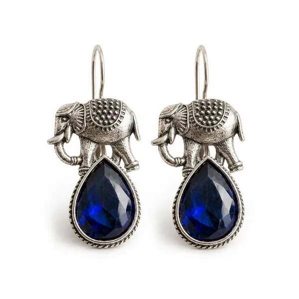 Vintage_Elephant_Drop_Earrings_Antique_Oxidised_Silver_Tone_With_Blue_Teardrop_Crystal_Hook_Style