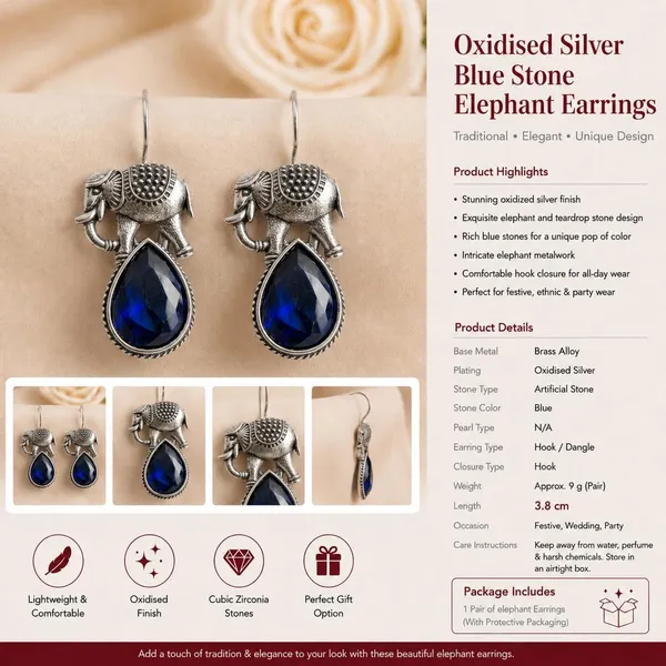 Vintage_Elephant_Drop_Earrings_Antique_Oxidised_Silver_Tone_With_Blue_Teardrop_Crystal_Hook_Style