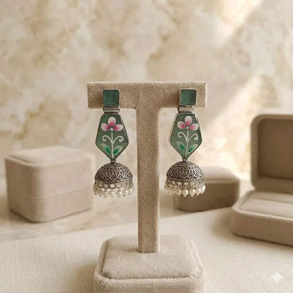 Oxidised_Silver_Jhumka_Earrings_With_Green_Meenakari_Floral_Design_And_Pearl_Drops