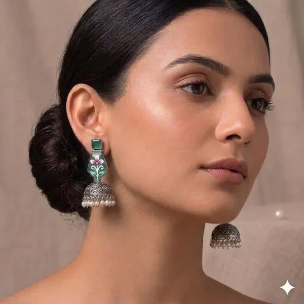 Oxidised_Silver_Jhumka_Earrings_With_Green_Meenakari_Floral_Design_And_Pearl_Drops