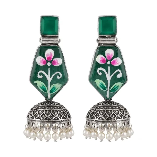 Oxidised_Silver_Jhumka_Earrings_With_Green_Meenakari_Floral_Design_And_Pearl_Drops