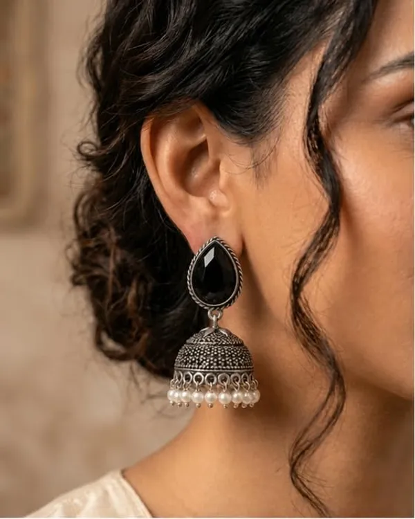 Oxidised_Silver_Jhumka_Earrings_With_Black_Stone_Teardrop_Top_And_Pearl_Drops