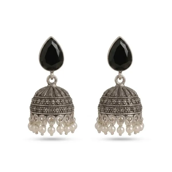 Oxidised_Silver_Jhumka_Earrings_With_Black_Stone_Teardrop_Top_And_Pearl_Drops