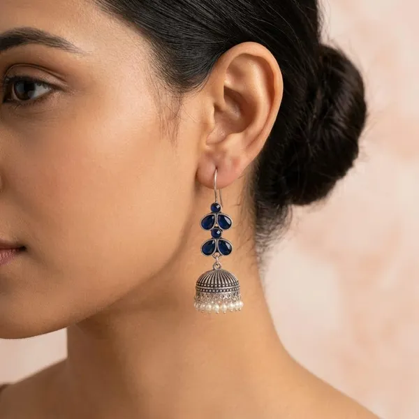 Oxidised_Silver_Jhumka_Earrings_With_Blue_Stone_And_Pearl_Drops_Traditional_Indian_Style
