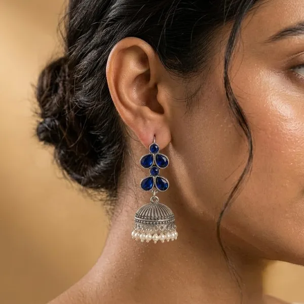 Oxidised_Silver_Jhumka_Earrings_With_Blue_Stone_And_Pearl_Drops_Traditional_Indian_Style