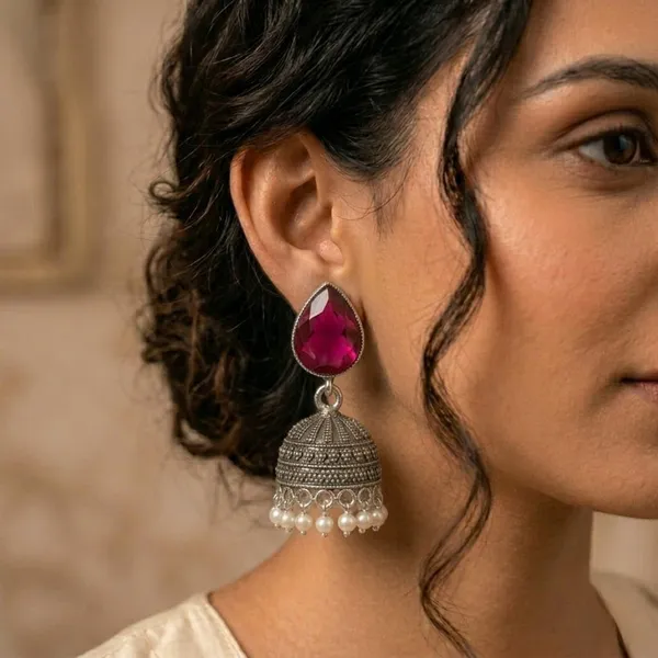 Silver_Oxidised_Jhumka_Earrings_Wuth_Red_Teardrops_Stone_Pearl_Drops