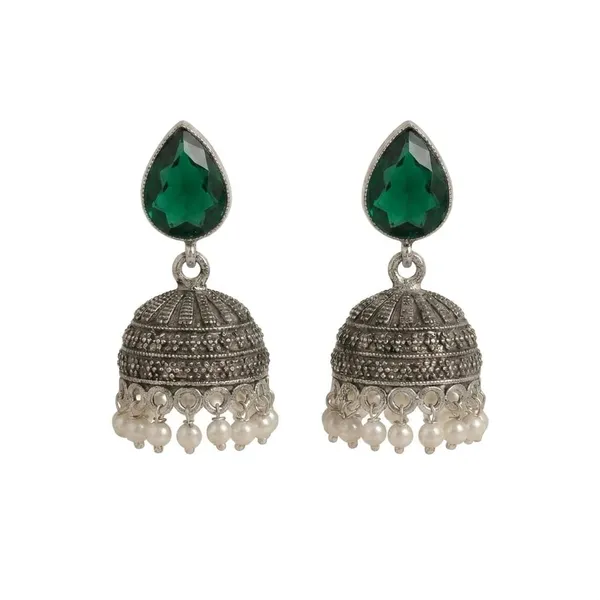 Silver_Oxidised_Jhumka_Earrings_Wuth_Green_Teardrops_Stone_Pearl_Drops