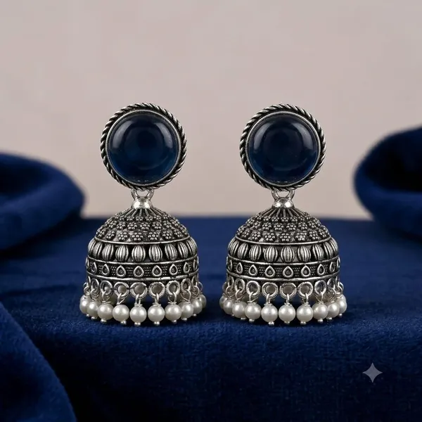 Oxidised_Silver_Jhumka_Earrings_With_Turquoise_Stone_Top_And_Pearl_Drops_Traditional_Indian_Style