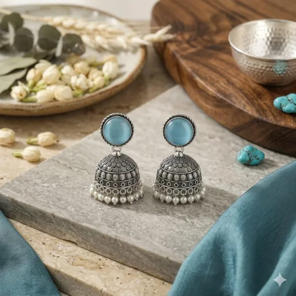 Oxidised_Silver_Jhumka_Earrings_With_Turquoise_Stone_Top_And_Pearl_Drops_Traditional_Indian_Style